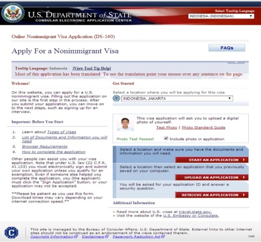 Halaman awal aplikasi visa Amerika