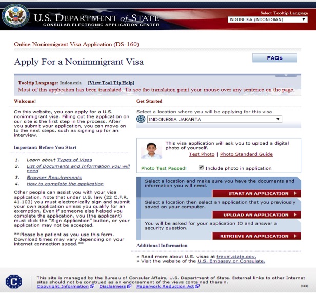 Halaman awal aplikasi visa Amerika