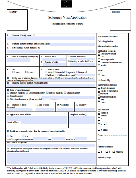 Visa Schengen Application Form